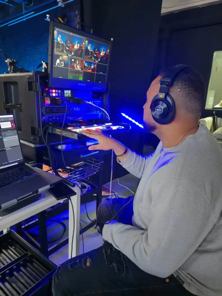 On-site engineer managing a podcast recording at Dianor Studios in Jersey City